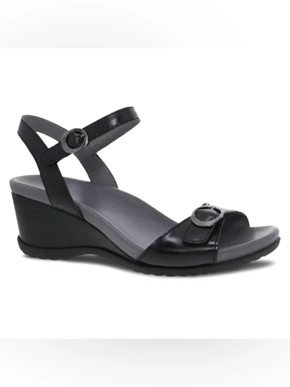 NWT Dansko Arielle Glazed Leather Kid Black Leather Wedge Sandals Comfort Shoes